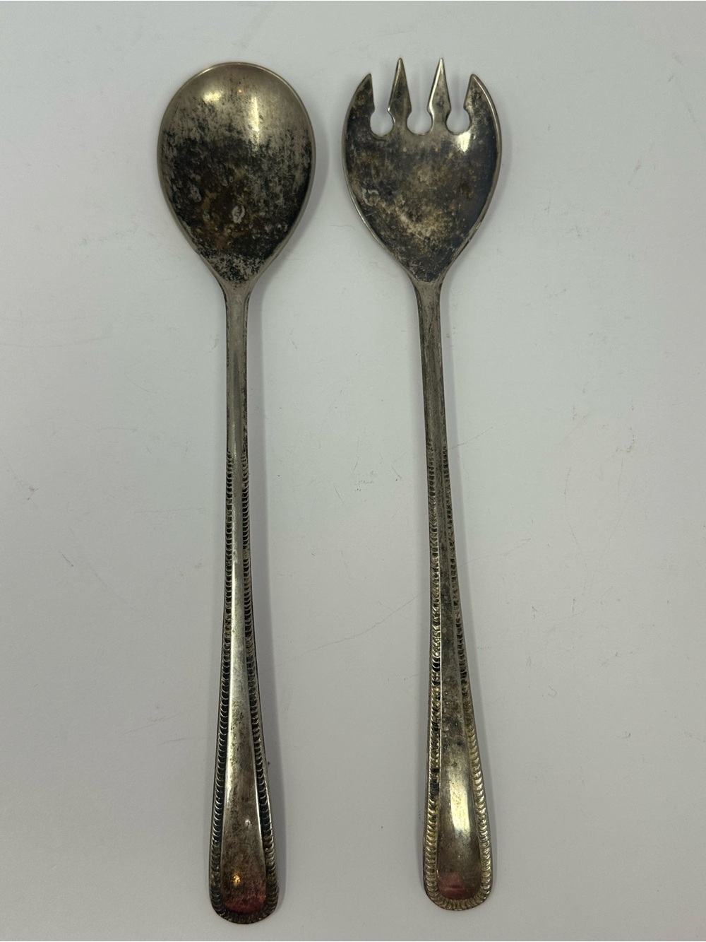 Vintage Silver Plated Italy Salad Serving Set Spoon and Fork Beaded Handle 9.5in